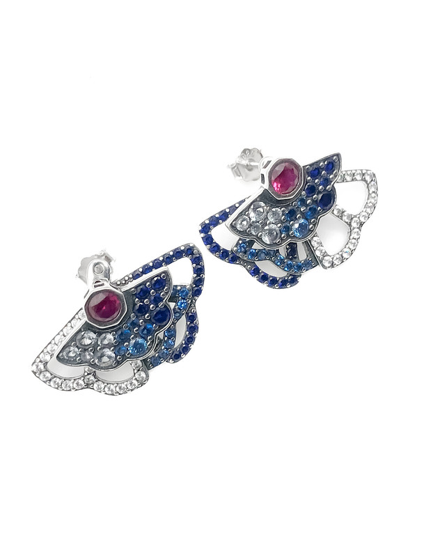 Aretes plata media flor envejecida piedras multicolor