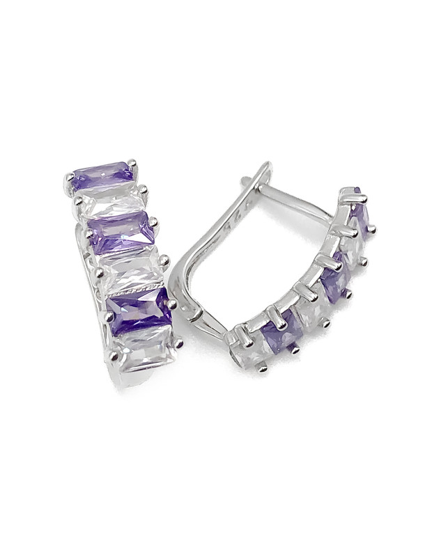 Aretes plata rectagular piedras baguette blancas y lilas con broche de patente