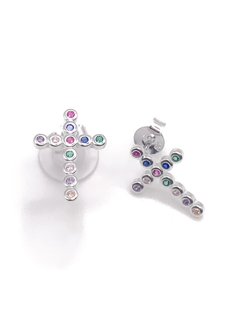 Aretes plata cruz de bolitas multicolores