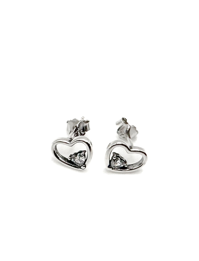 Aretes plata corazon vacio con corazon pequeño de piedra blanca