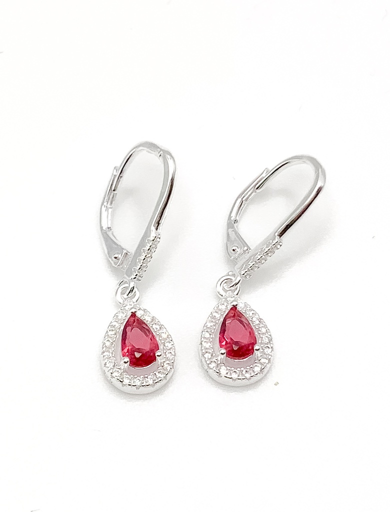 Aretes plata de asa con colgante de gota piedra roja con circones alrededor
