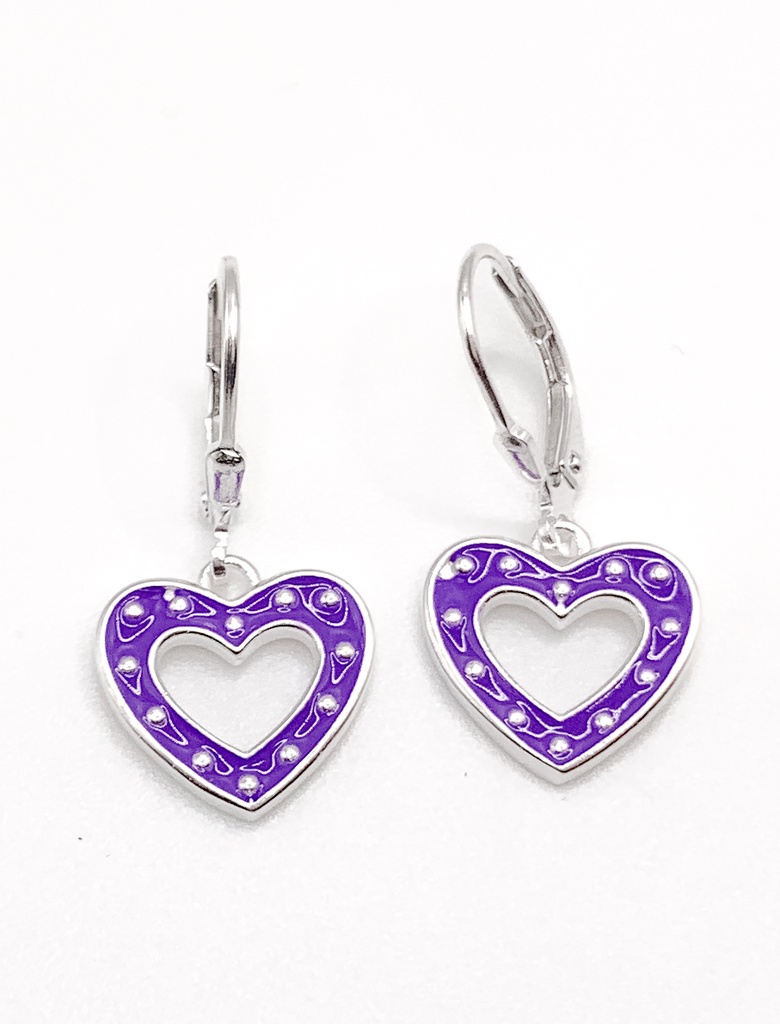 Aretes plata de asa corazon morado vacio colgante