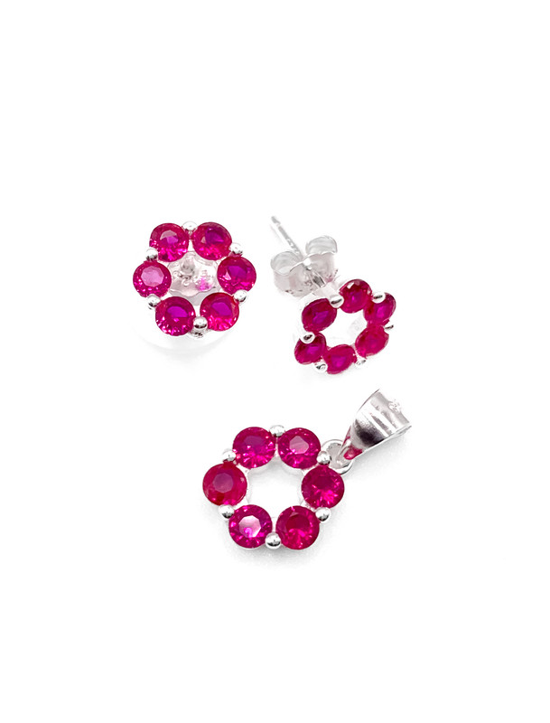 Juegos plata redondo circon fuccia a presion