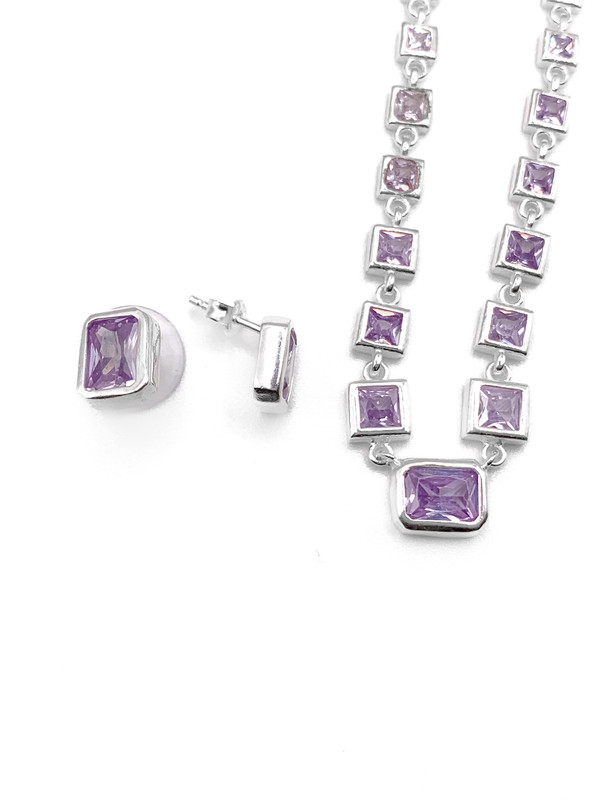 Juegos plata collar cuadrados lila a presion