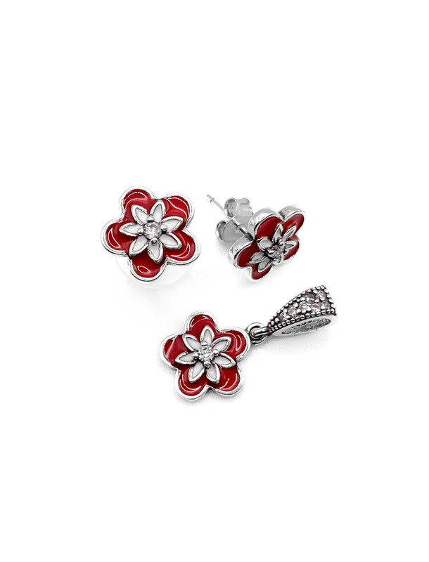 Juegos plata flor esmalte roja a presión