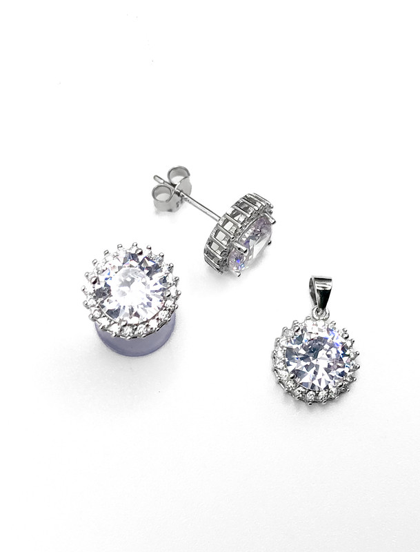 Juegos plata redondo piedra blanca a presion