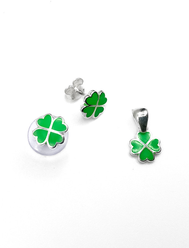 Juegos plata trebol esmaltado verde a presion