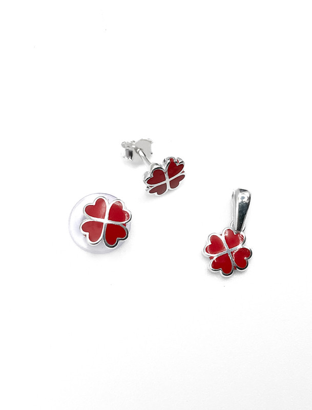 Juegos plata trebol esmaltado rojo a presion