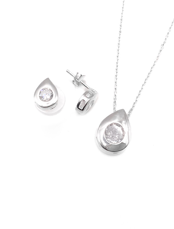 Juegos plata collar gota piedra blanca a presion