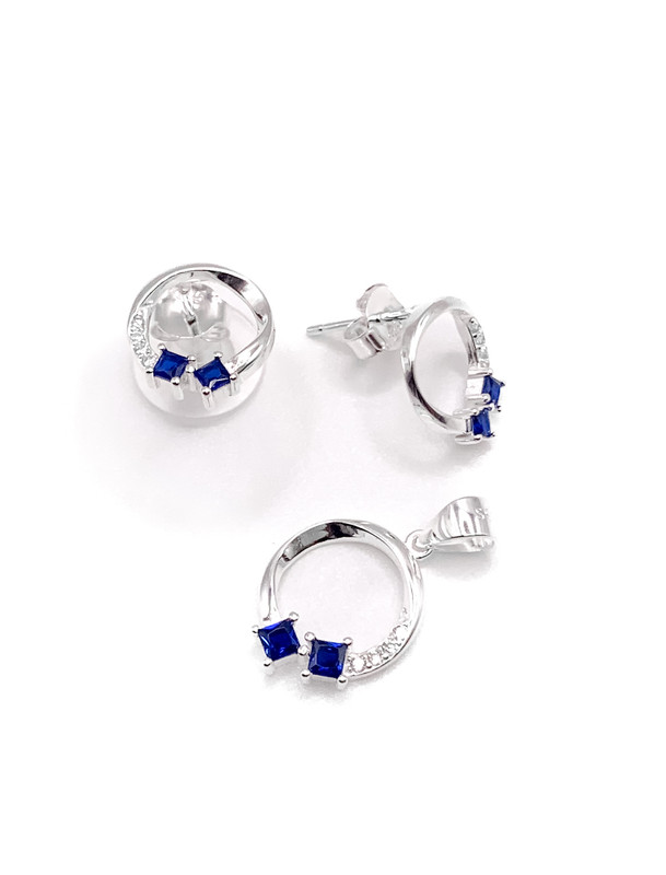 Juegos plata circulo liso piedra azul central a presion