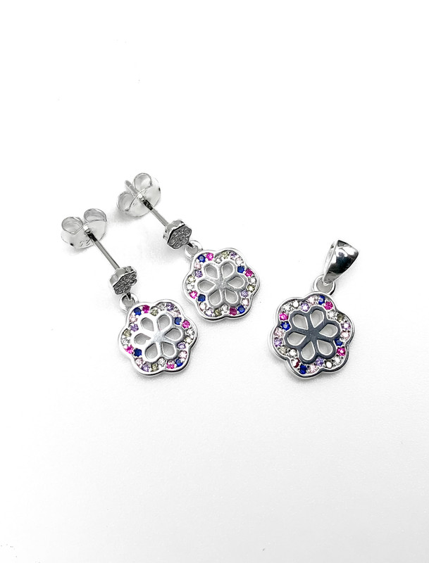 Juegos plata flor circon multicolor a presion