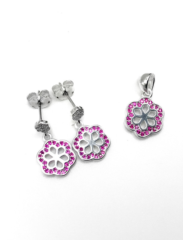 Juegos plata flor circon fuccia a presion