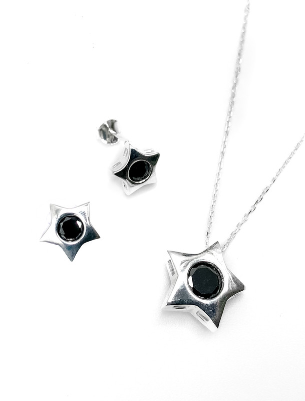 Juegos plata collar estrella circon negro a presion