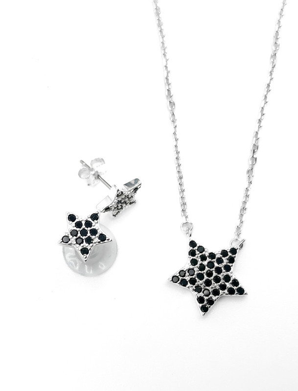 Juegos plata collar estrella circon negro a presion
