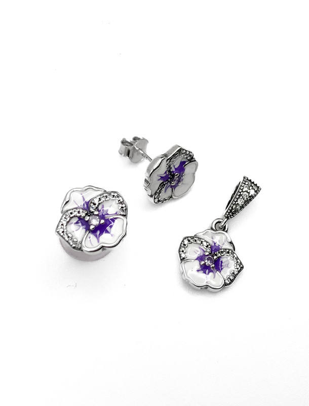 Juegos plata flor esmaltada pensamiento lila a presion