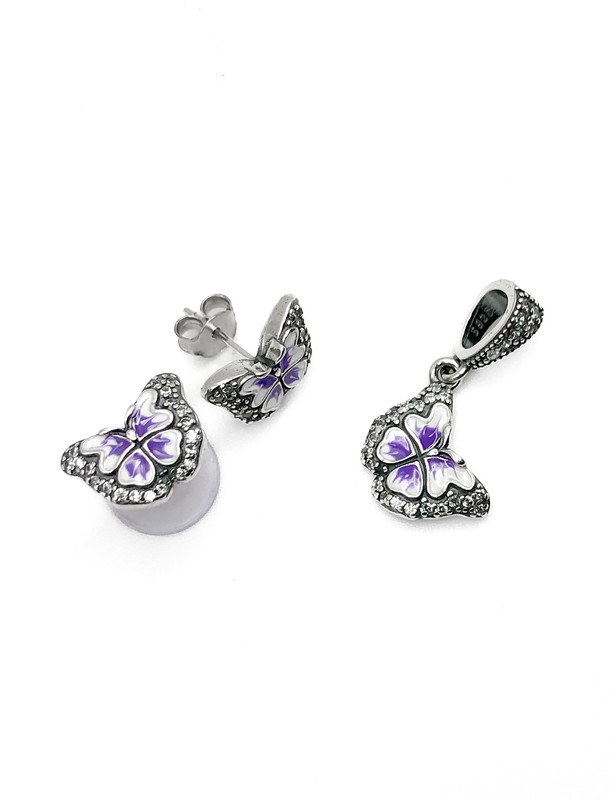 Juegos plata mariposa esmaltada lila a presion