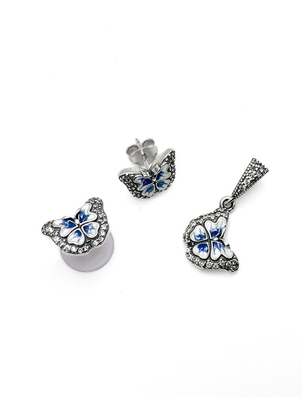 Juegos plata mariposa esmaltada azul a presion