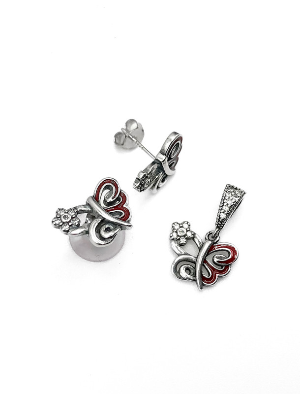 Juegos plata mariposa esmaltada roja a presion