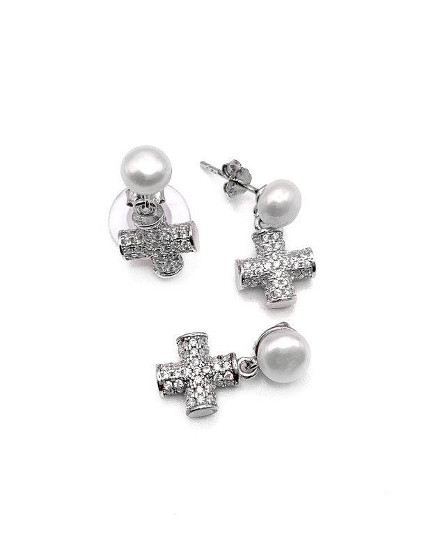 Juegos plata cruz enjoyada con perlas a presion