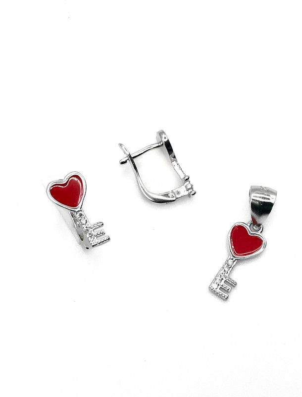 Juegos plata llave corazon esmaltado rojo circon patente
