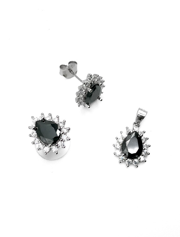 Juegos plata gota puntas circon negro a presion