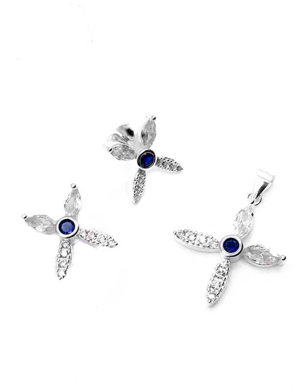 Juegos plata cruz circon azul central a presion