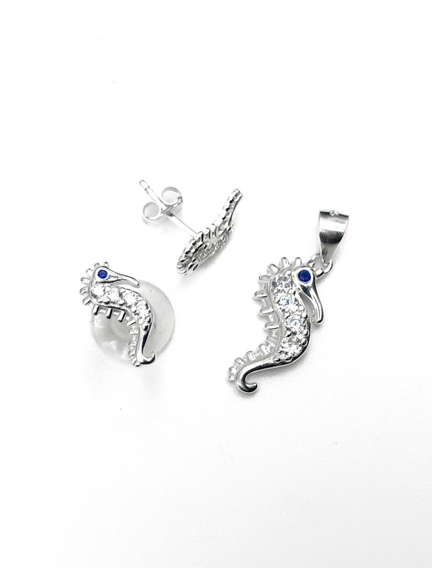 Juegos plata caballo de mar circon negro a presion