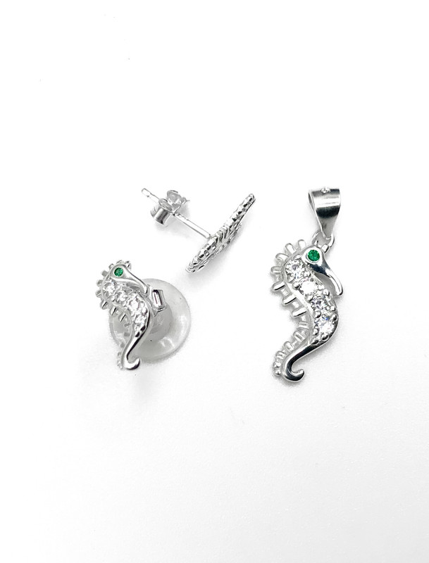 Juegos plata caballo de mar circon verde a presion