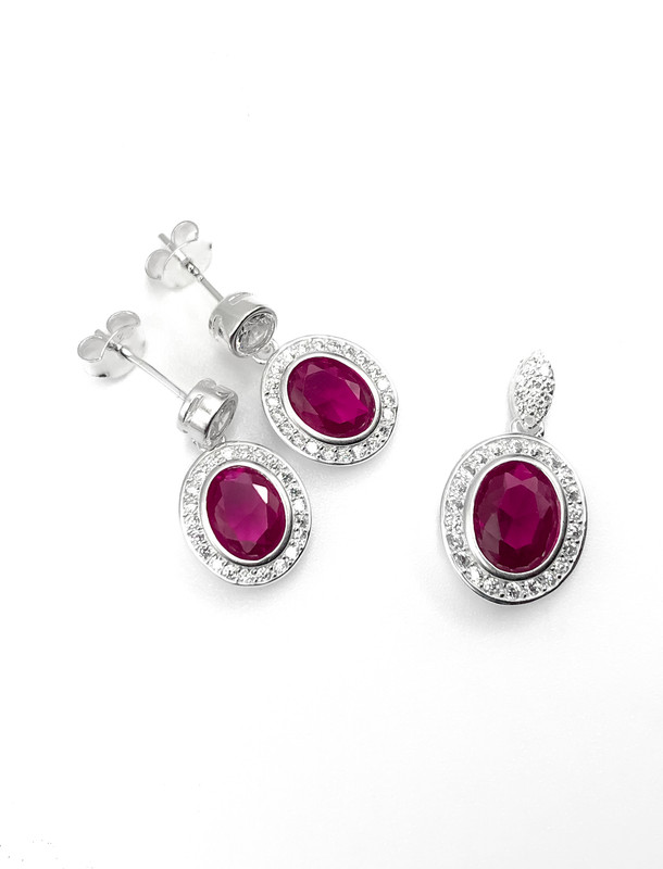 Juegos plata redondo piedra roja circon a presion