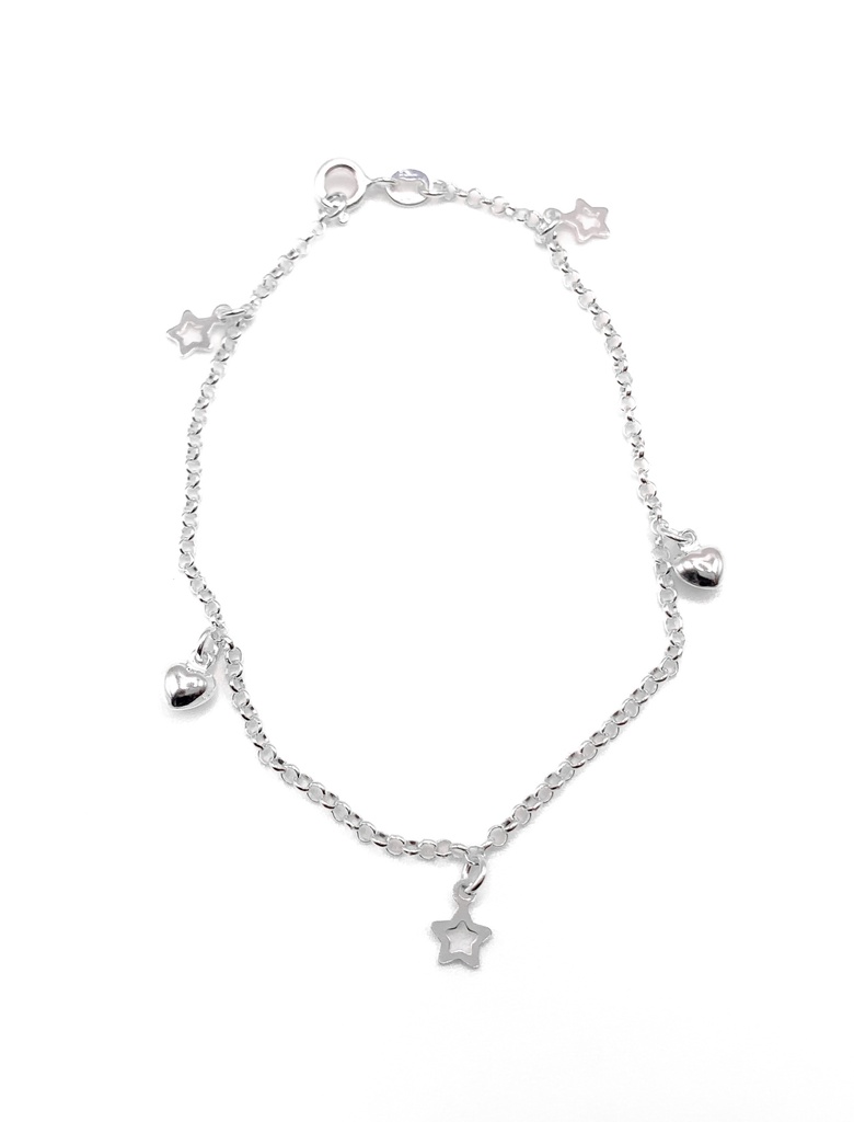 Pulseras plata Corazones y estrellas colgantes
