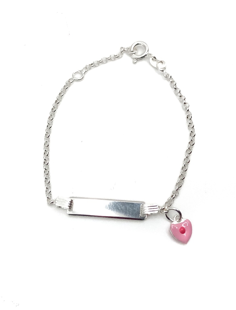 Pulseras plata niña de placa con corazón esmaltado rosado