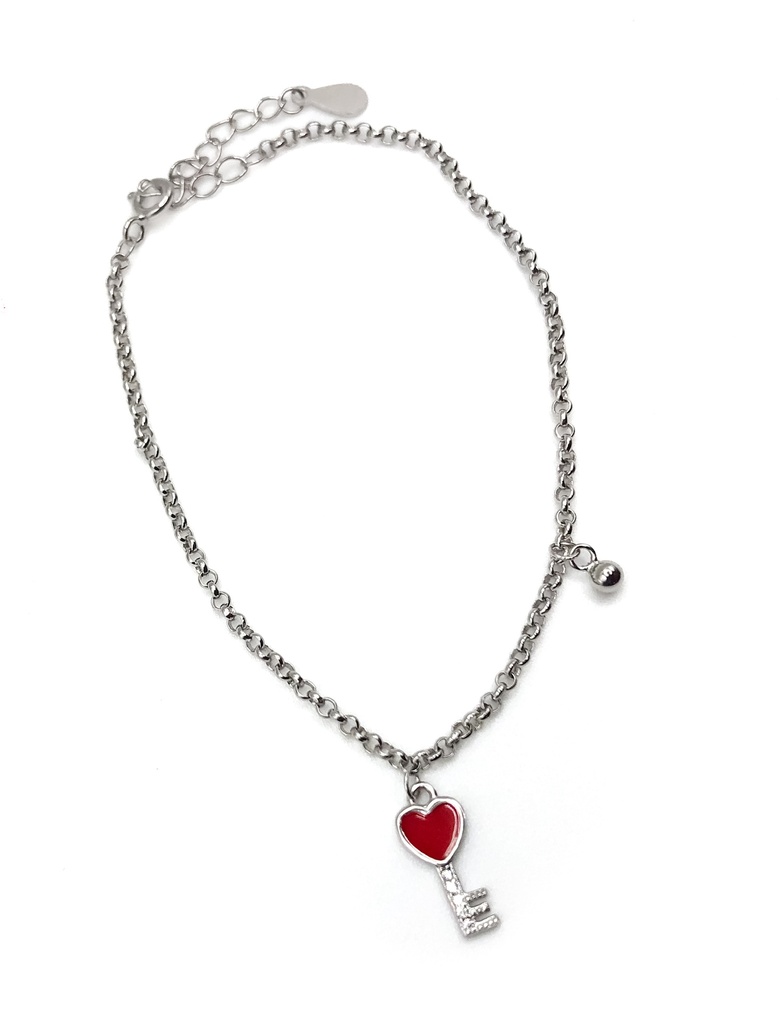 Pulseras plata llave de corazón esmaltado roja