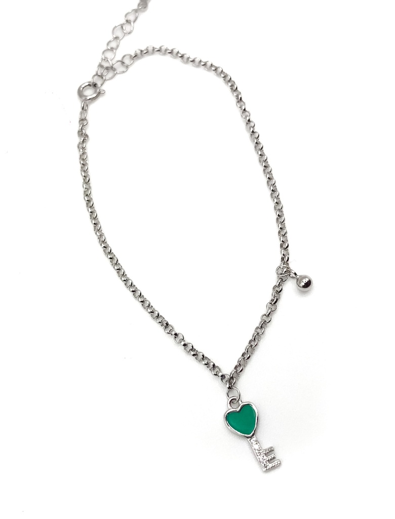 Pulseras plata llave de corazón esmaltado verde