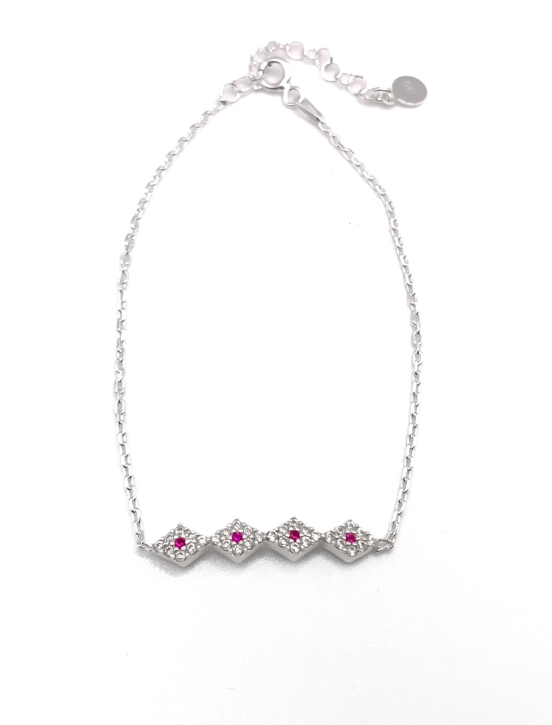 Pulseras plata rombos pequeños unidos Blancos y fucsia 