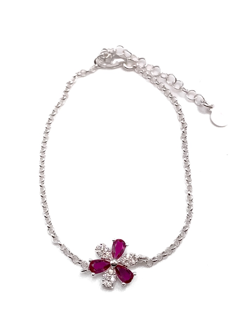 Pulseras plata flor piedras fucsias y blancas