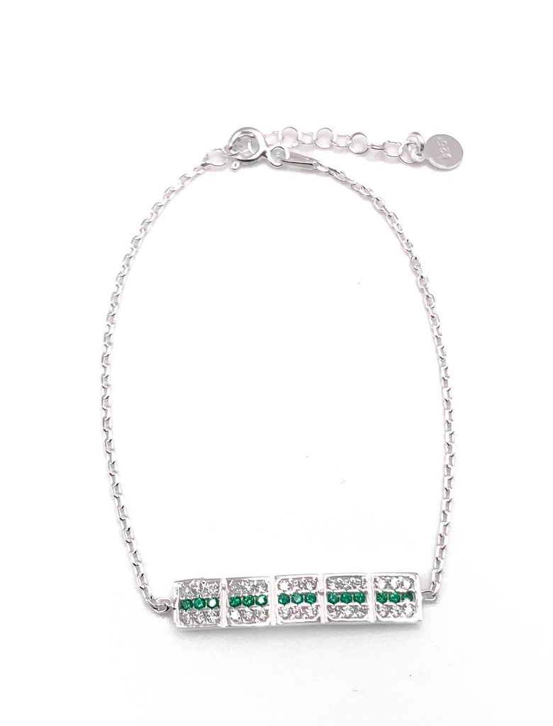 Pulseras plata línea de rectángulos con enjoye en verde y blanco