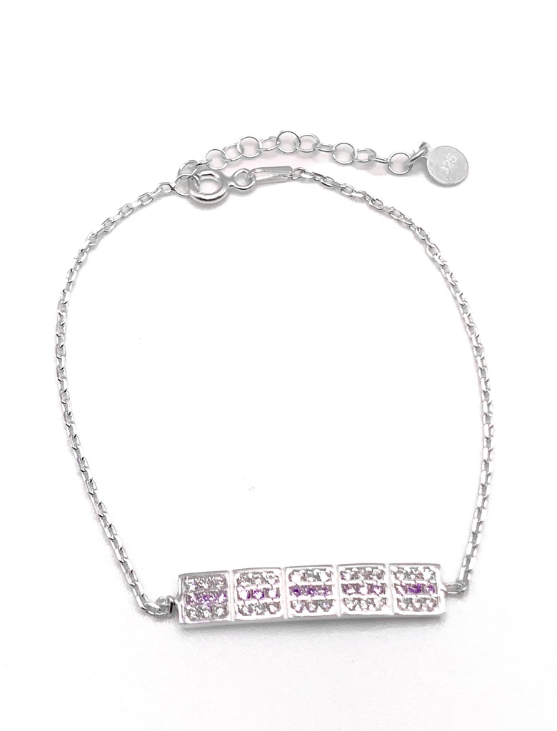 Pulseras plata línea de rectángulos con enjoye en lila y blanco
