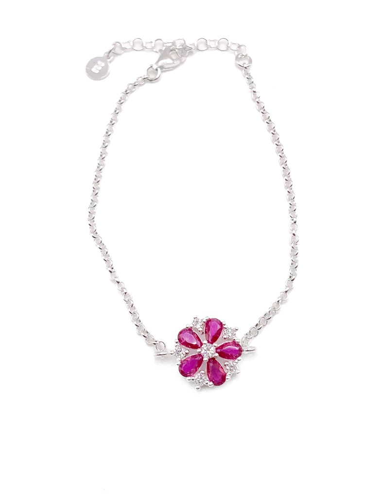 Pulseras plata flor piedras fucsias