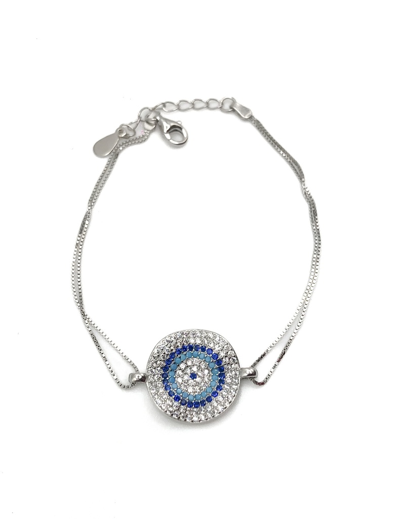 Pulseras plata plato ojo turco mircropave piedras celestes, azules y blancas