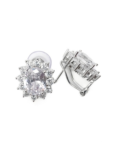 [E0058] Aretes plata tipo flor con piedra oval blanca broche omega