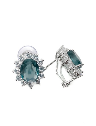 [E0059] Aretes plata tipo flor con piedra oval turquesa broche omega