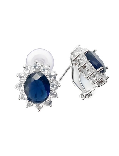 [E0060] Aretes plata tipo flor con piedra oval azul broche omega