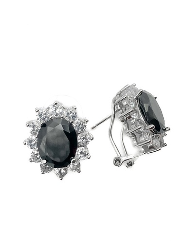 [E0061] Aretes plata tipo flor con piedra oval negra broche omega
