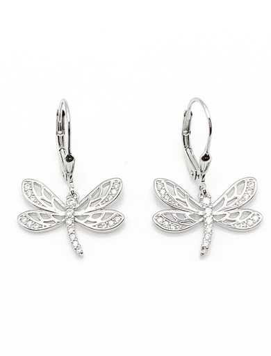 [E0391] Aretes plata de asa libelula con cuerpo de piedras blancas