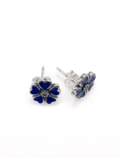 [E0446] Aretes plata flor azul petalos corazon