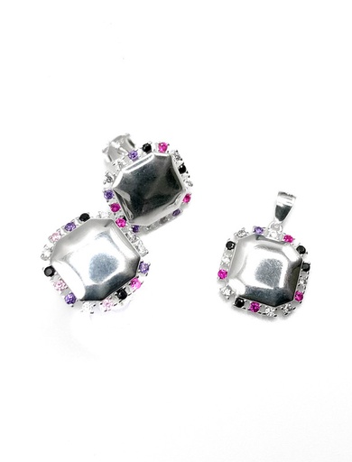 [S0031] Juegos plata cuadrado liso piedra multicolor a presion