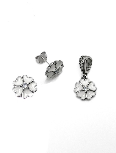 [S0035] Juegos plata flor esmaltada blanca a presion