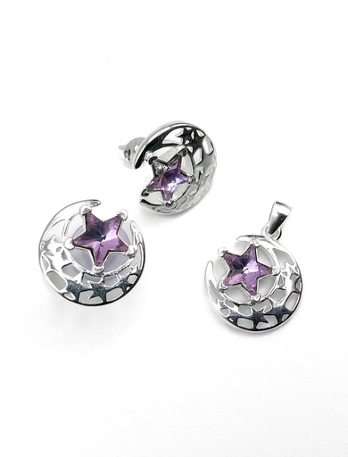 [S0037] Juegos plata luna lisa y estrella lila a presion