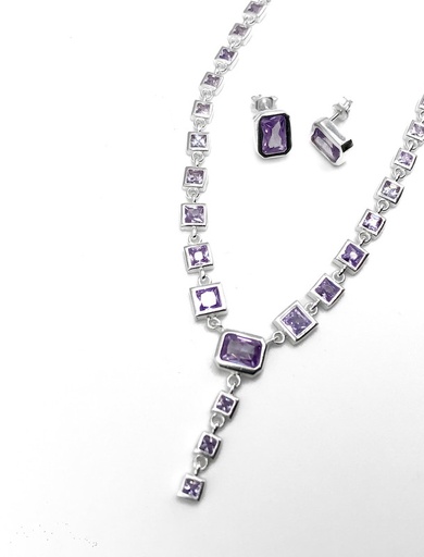 [S0039] Juegos plata cuadrados collar circon lila a presion