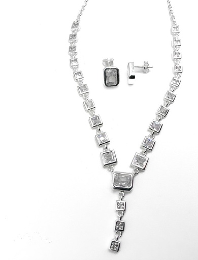 [S0040] Juegos plata cuadrados collar circon blanco a presion